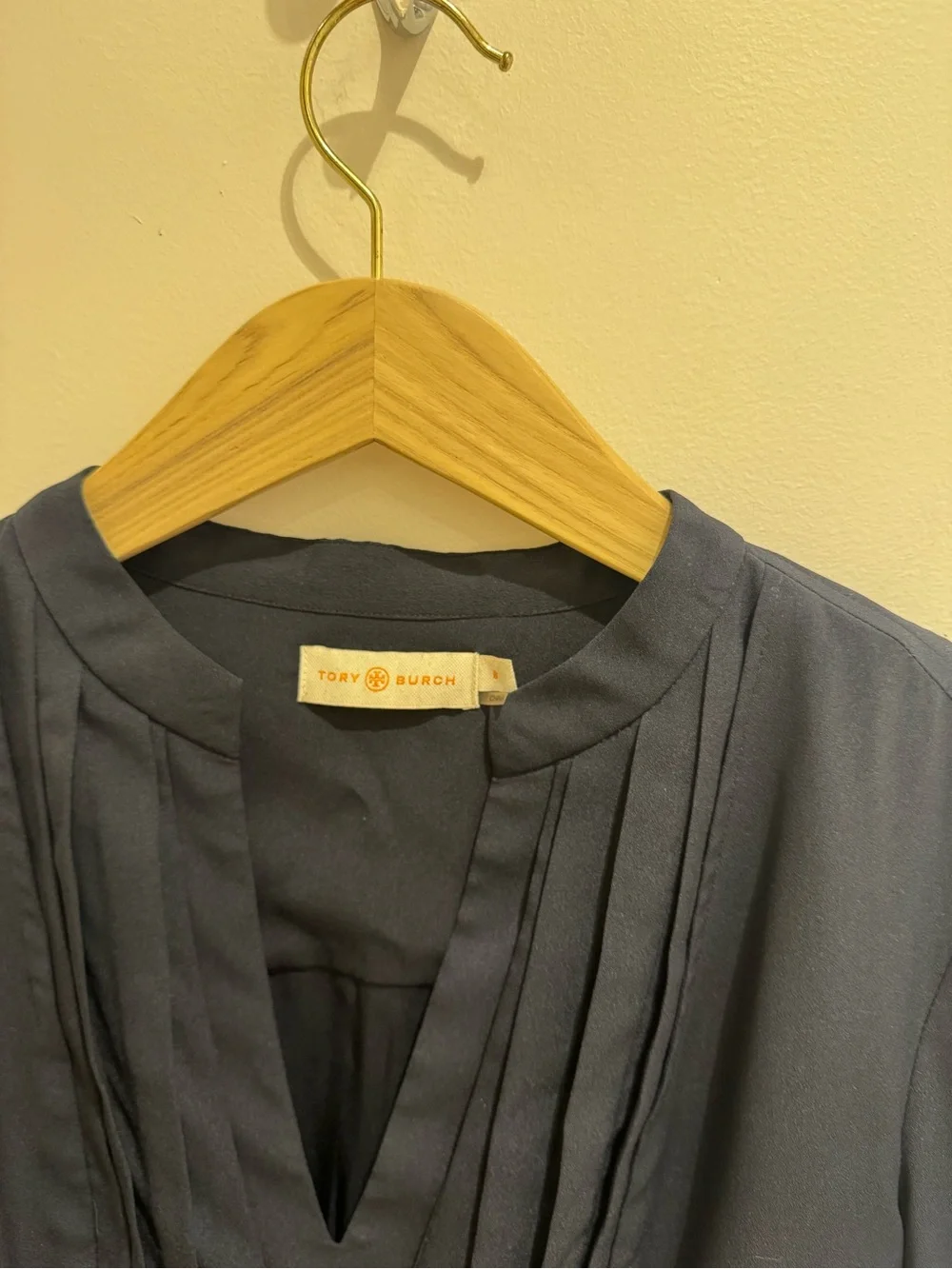Tory Burch Navy Long-Sleeve Pintuck V-Neck Dress